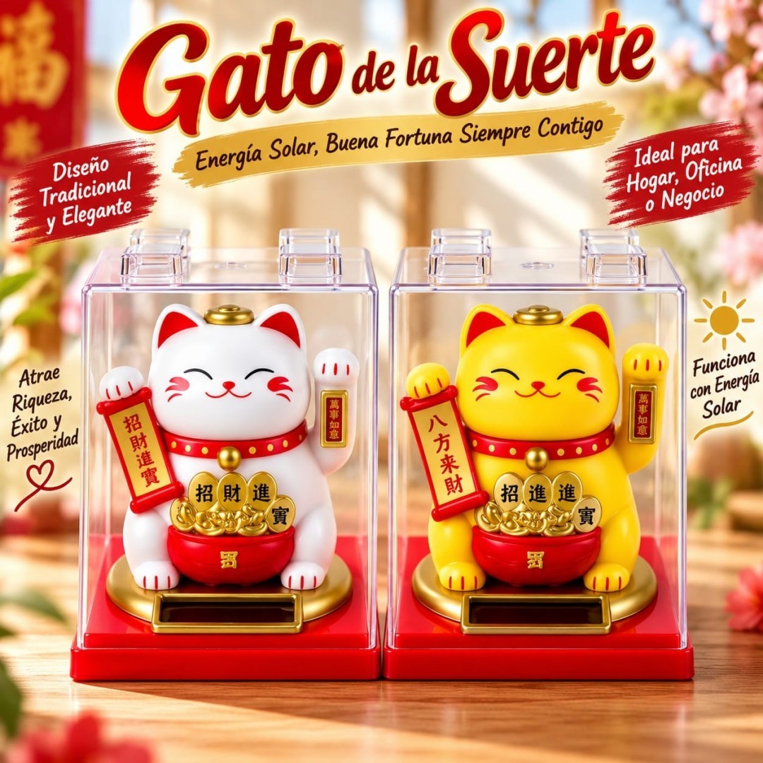 GATO SUERTE SOLAR CON CAJA ACRILICA