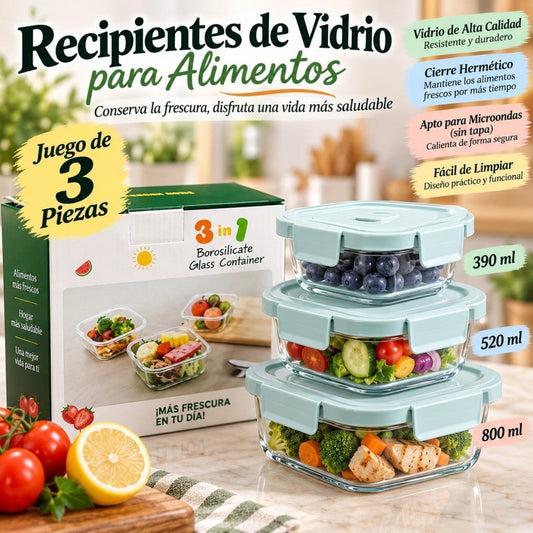 SET 3 RECIPIENTES DE VIDRIO 390ML 520ML 800ML XL-