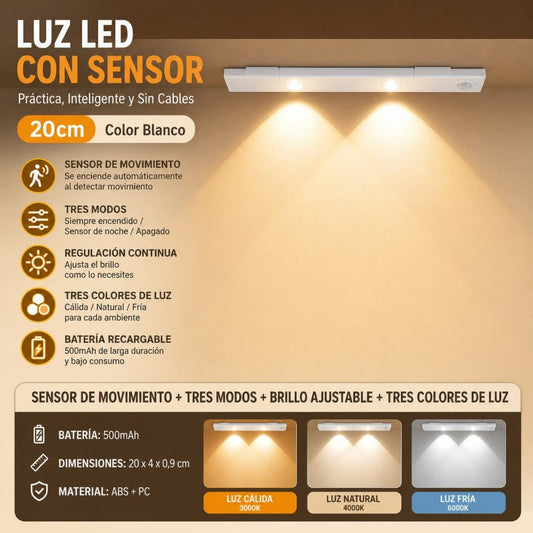 LUZ LED CON SENSOR RECARGABLE 20CM